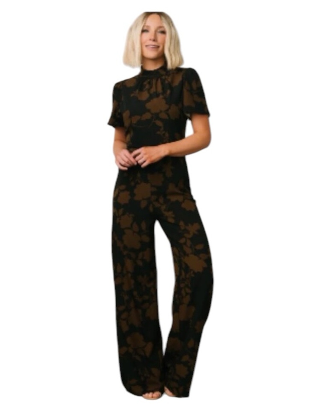 Baltic Born Langham Mock Neck Black Jumpsuit Brown Floral Print Women’s SIZE XL